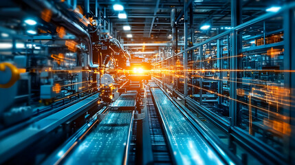 Poster - Futuristic industrial automation scene with glowing machinery in a factory