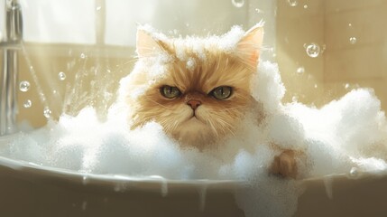 Poster - A fluffy cat in the middle of a bath, with soapy bubbles covering its body, giving it a comical, slightly annoyed look.