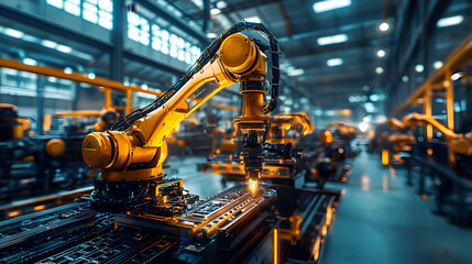 Poster - Industrial robotic arm operating in a modern factory setting with machinery