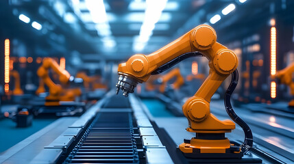 Poster - Industrial robotic arm in automated assembly line with glowing lights
