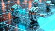 © Marketplace - Ultra modern chrome dumbbells resting on a glossy futuristic gym floor reflecting holographic workout guides in the distance  Depicting a high contrast