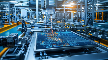 Poster - High-tech manufacturing facility with automated machinery assembling circuit boards