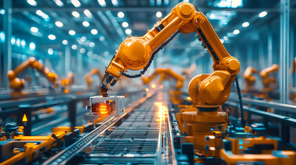 Poster - Industrial robotic arms efficiently assembling products in a modern factory
