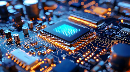 Poster - Close-up view of a microchip on a circuit board with glowing connections