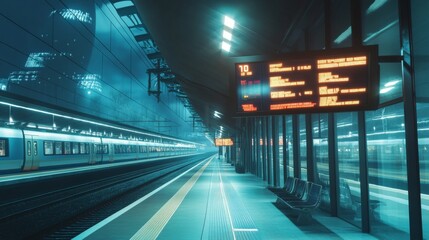 Aufkleber - A high-speed train platform with digital departure boards displaying arrival and departure times, capturing the efficiency of modern railway systems.