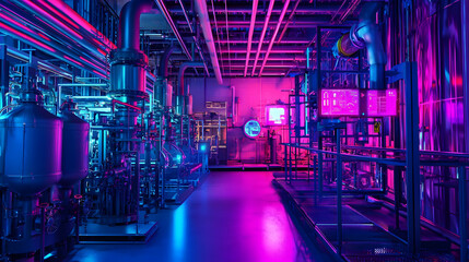 Poster - Vibrant Industrial Facility with Colorful Lighting and Complex Machinery