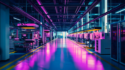Poster - Futuristic manufacturing facility with glowing lights and high-tech machinery
