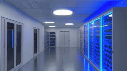Fototapete - Modern server room with blue LED lighting and sleek white interior design, featuring advanced data racks and high-performance network systems