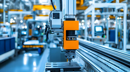 Poster - Industrial robotic arm operating in a modern manufacturing facility with machinery