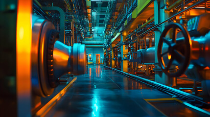 Poster - Industrial machinery interior showcasing pipes and valves in a vibrant factory