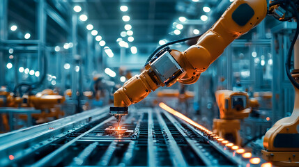 Poster - Industrial robotic arm assembling components on a production line in a factory