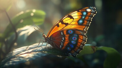 Poster - A macro shot of a butterfly resting on a leaf, with intricate wing patterns and vivid colors, capturing the delicate relationship between insects and plants.