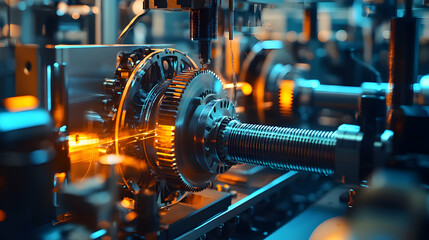 Poster - Close-up of intricate machinery with glowing components in a factory setting