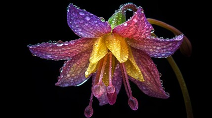Fototapete - A macro shot of a colorful flower with drops of dew, highlighting the contrast between the vibrant colors and the transparent droplets, evoking a sense of freshness.