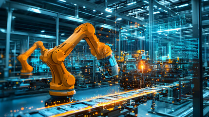 Poster - Advanced robotic arm operating in a high-tech manufacturing facility with glowing machinery