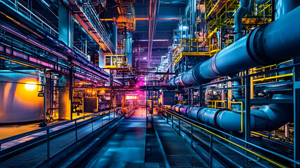 Poster - Vibrant industrial scene showcasing intricate piping and machinery in a high-tech facility