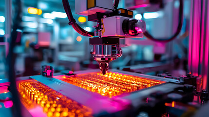 Poster - High-tech manufacturing process with precision laser engraving in a vibrant factory