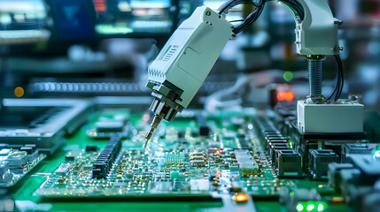 Poster - Robotic Arm Assembling Circuit Board in High-Tech Manufacturing Facility