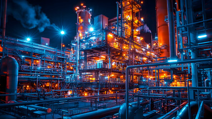 Poster - Nighttime industrial scene showcasing vibrant machinery and illuminated structures