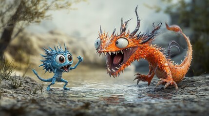 Aufkleber - Playful cartoon monsters encounter in a magical forest colorful illustration vibrant fantasy environment fun perspective