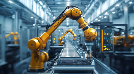Poster - Industrial robotic arm operating in a modern manufacturing facility with machinery (1)