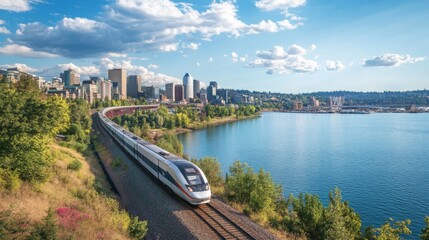 Fototapete - A panoramic view of a high-speed train zooming past a picturesque city skyline, illustrating the connection between urban areas and fast, efficient transportation.