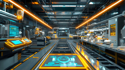 Poster - Futuristic automated manufacturing facility with robotic arms and glowing interfaces