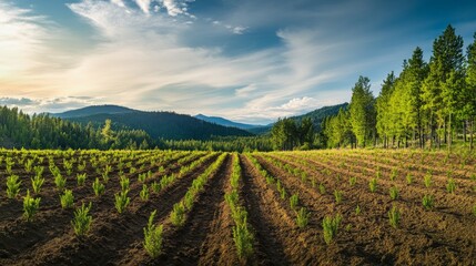 Poster - A panoramic view of a sprawling forest landscape with freshly planted trees, illustrating the positive impact of reforestation on the environment and biodiversity.