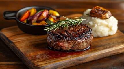 Poster - A perfectly cooked ribeye steak on a wooden board, garnished with rosemary and served with a side of roasted vegetables and mashed potatoes.