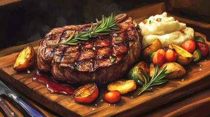 Poster - A perfectly cooked ribeye steak on a wooden board, garnished with rosemary and served with a side of roasted vegetables and mashed potatoes.