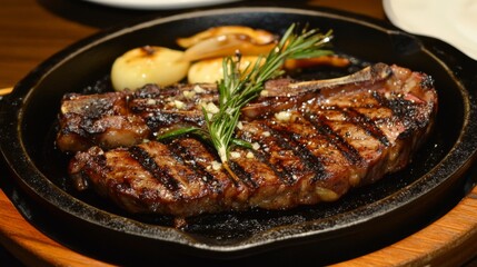 Poster - A perfectly grilled bistecca, sizzling on a cast-iron skillet, garnished with fresh rosemary and garlic, showcasing the juiciness and mouthwatering texture of the meat.