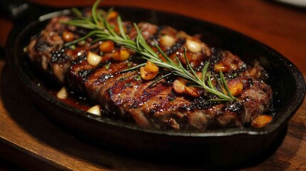 Poster - A perfectly grilled bistecca, sizzling on a cast-iron skillet, garnished with fresh rosemary and garlic, showcasing the juiciness and mouthwatering texture of the meat.
