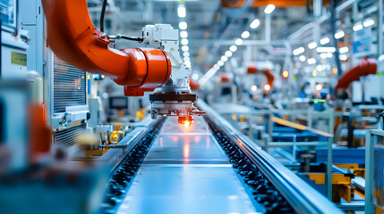 Poster - Industrial robotic arm operating in a modern manufacturing facility with assembly line
