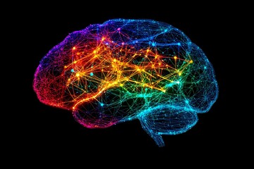 Aufkleber - Colorful glowing neural network in shape of human brain with connected nodes and pathways on black background showing artificial intelligence concept.