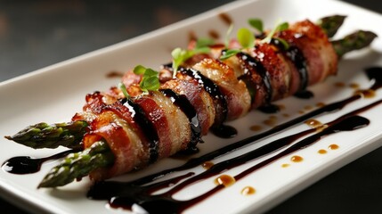 Wall Mural - A plate of bacon-wrapped asparagus drizzled with balsamic glaze, highlighting a gourmet appetizer perfect for entertaining guests.