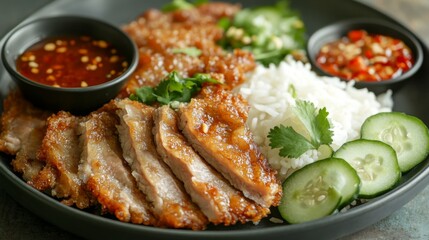 Wall Mural - A plate of deliciously crispy pork served with steamed rice, fresh cucumber slices, and a flavorful dipping sauce, highlighting a traditional Thai meal.