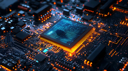 Poster - Close-up of a glowing microchip on a circuit board with intricate details