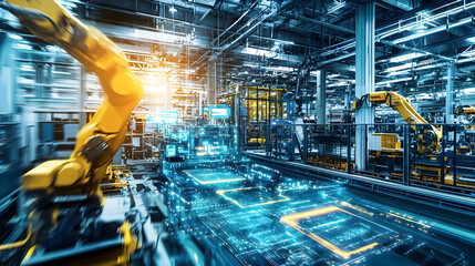 Poster - Advanced robotic automation in a high-tech manufacturing facility, showcasing machinery and digital interfaces