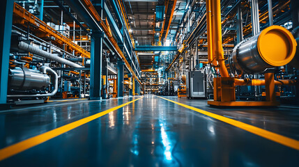Poster - Industrial facility interior showcasing machinery and vibrant yellow lines on the floor