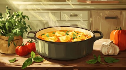 Wall Mural - A rustic kitchen scene featuring a pot of ravioli simmering in a bubbling broth, surrounded by fresh herbs, tomatoes, and garlic, showcasing a comforting home-cooked meal.