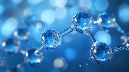 Poster - Glass molecular structure on blue bokeh background with spherical atoms and chemical bonds, scientific concept for chemistry and biotechnology research.