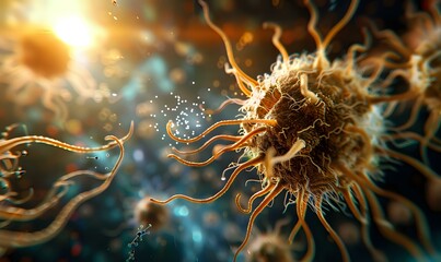Poster - Microscopic view of nerve cell with glowing synapses and dendrites in golden and blue tones against dark background, showing neural network activity and connections.