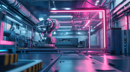 Poster - Futuristic robotic arm in a high-tech industrial facility with neon lights