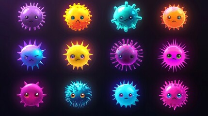 Playful virus icons in bold colors, with glowing eyes and exaggerated spikes, ideal for an educational or fun infographic