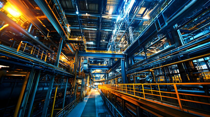 Poster - Industrial interior showcasing complex machinery and illuminated pathways