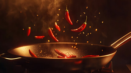 Wall Mural - A sizzling pan of garlic and chili peppers being sautéed for a spicy stir-fry dish.