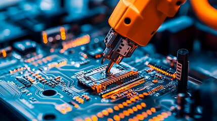 Poster - Close-up of robotic arm assembling microchip on circuit board in technology lab
