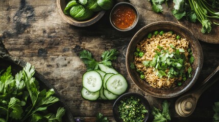 Aufkleber - A rustic wooden table set with a bowl of curried fried rice, surrounded by fresh herbs, sliced cucumbers, and a small dish of spicy sauce for dipping.