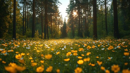 Wall Mural - Sunset Forest Path, Wildflower Meadow, Calm Nature Scene