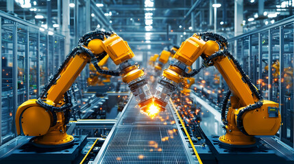 Poster - Industrial robots welding components on a production line in a modern factory